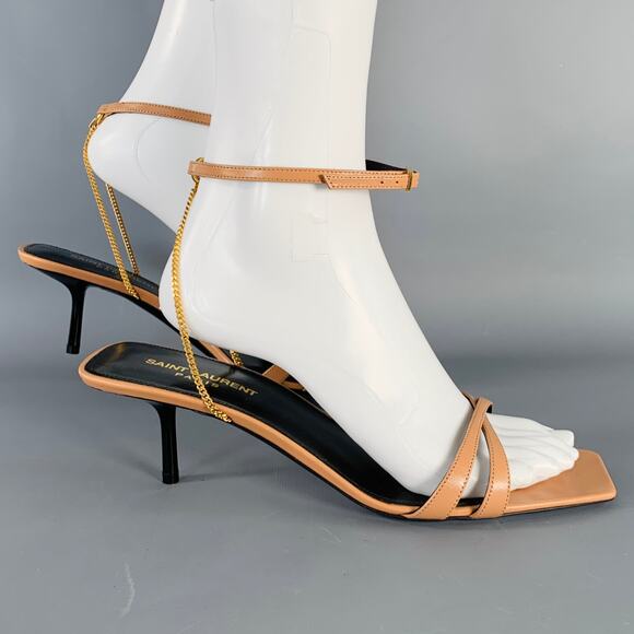 SAINT LAURENT Size 10 Melody Tan Leather Chain Ankle Strap Kitten Heel Sandals - Picture 2 of 7